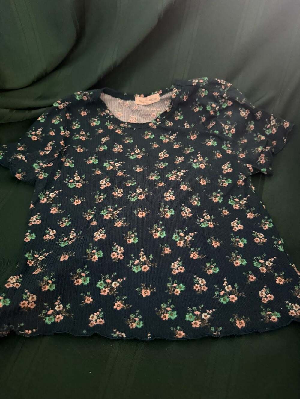 Moa Moa Women's Floral Ribbed Lettuce Edge Short Sleeve Top Size XS